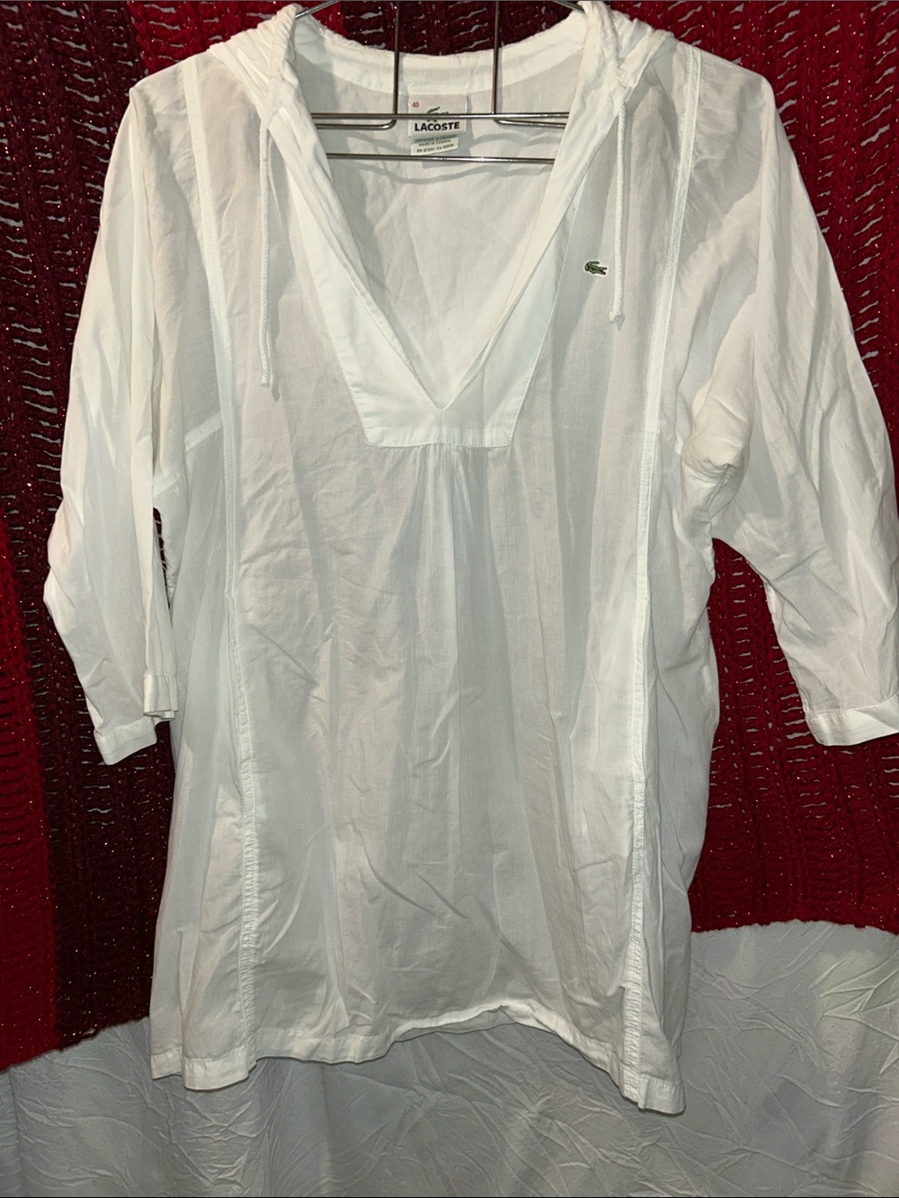 Lacoste White Hooded V-Neck Tunic Top size Medium  excellent condition